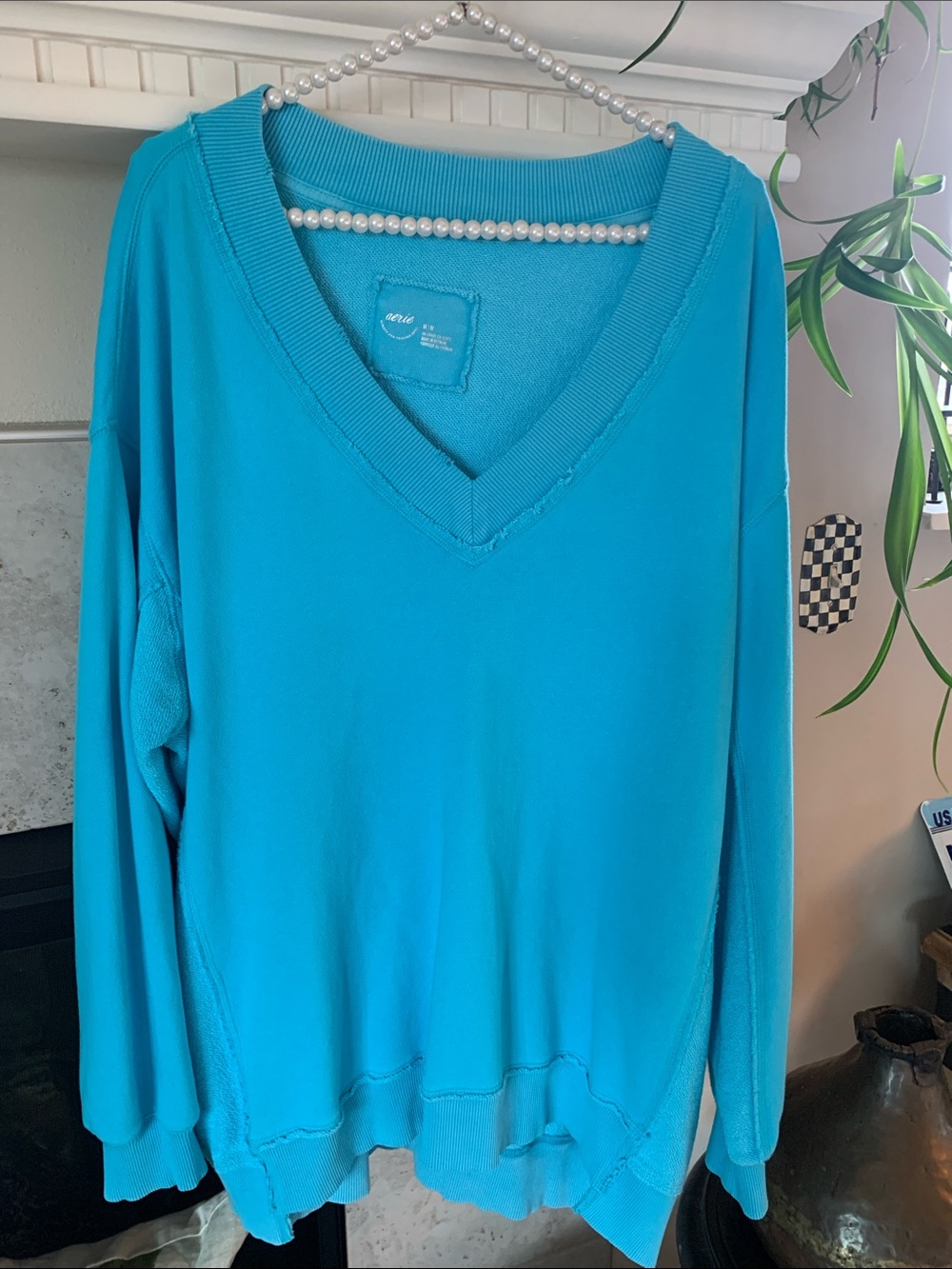 Aerie Aqua Vacay Every Day V-Neck distressed raw hem oversized fit Size M